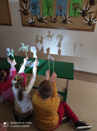 uczniowie świecący latarkami i wyświetlający cienie na ścianie